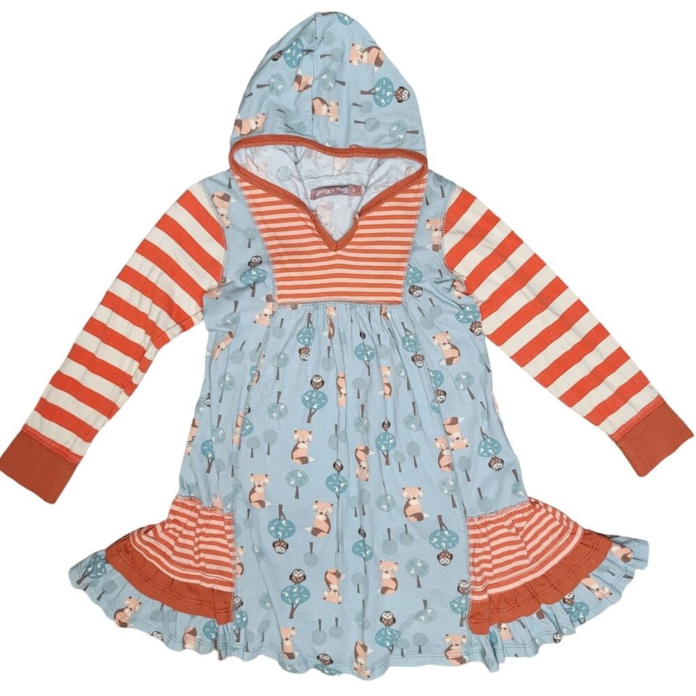 Jelly the Pug fall fox long sleeve hooded dress stripes orange white blue size 6